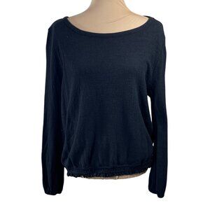 Loft Pullover Top Blouse Black Crinkle Knit Size L Large Elastic Hem Cotton